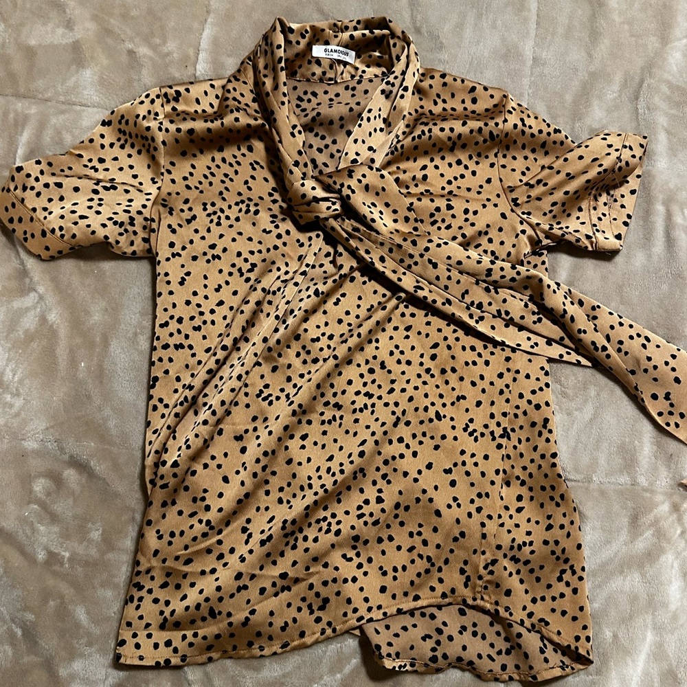 Tan and black silk blouse